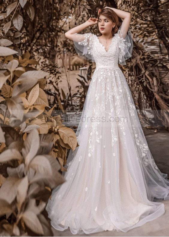 Flutter Sleeve Ivory Lace Tulle V Back Wedding Dress